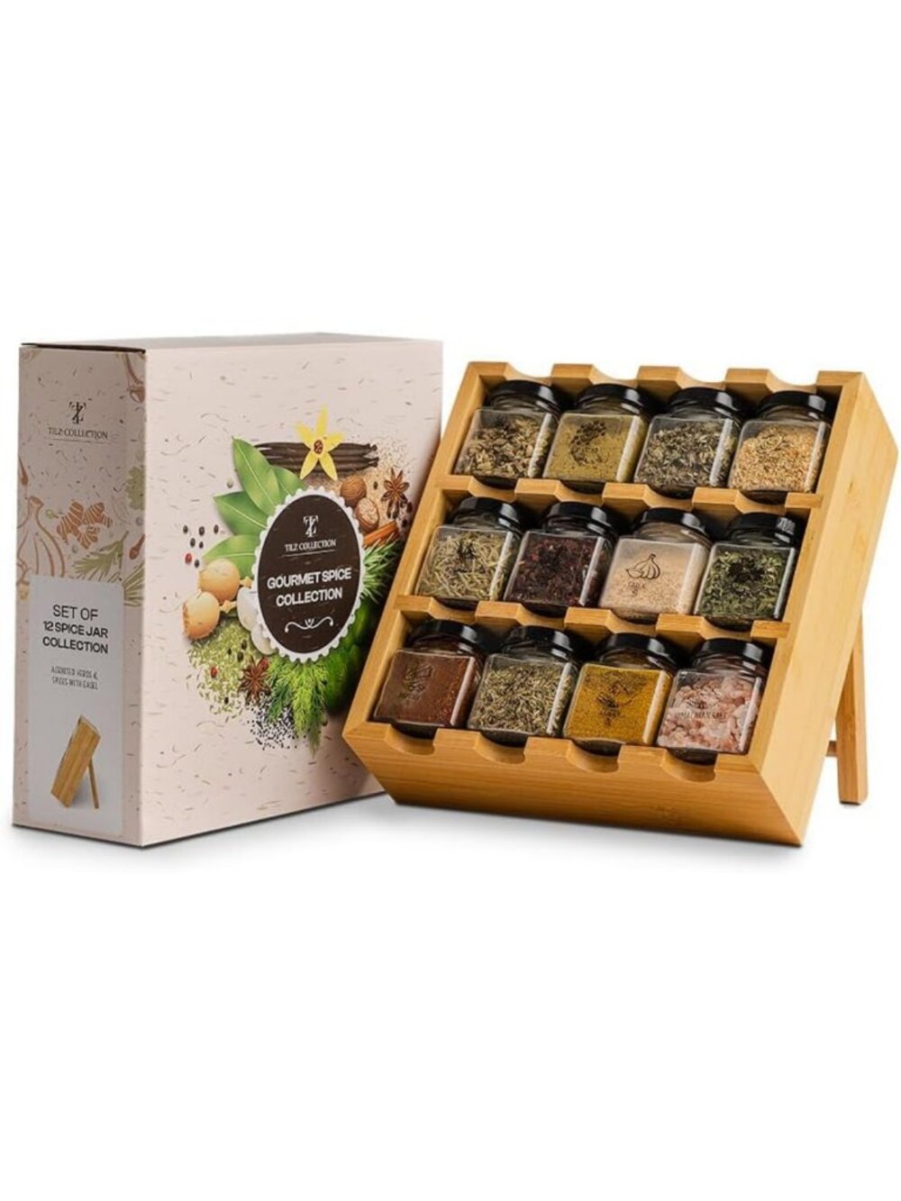 Wooden 3-Tier Spice Rack with 12 Glass Jars & Organic Spices - Kitchen Organizer